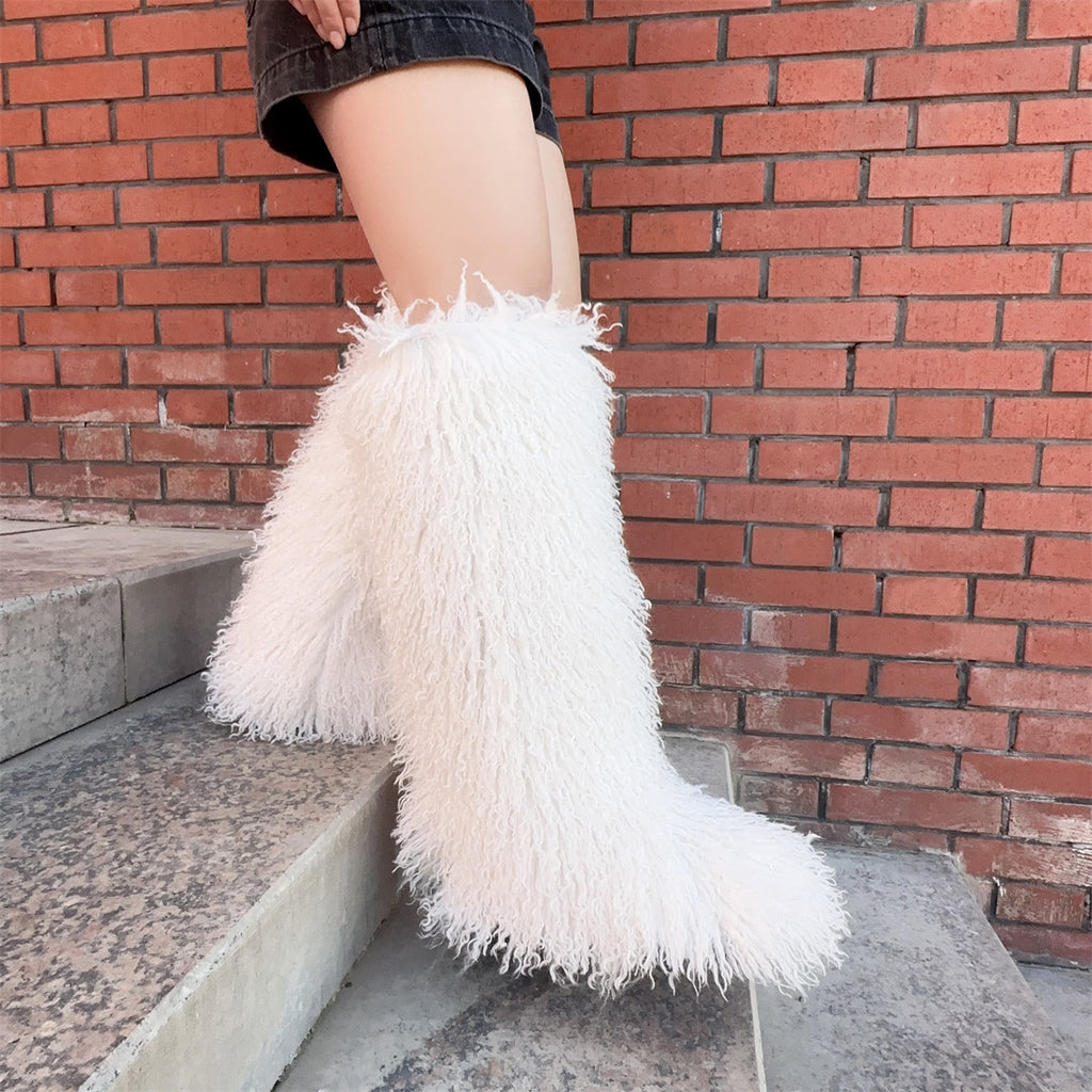 IPPEUM White Mongolian Fur Boots Knee High Boots Shoes Winter Plus Size 45 Fuzzy Boots