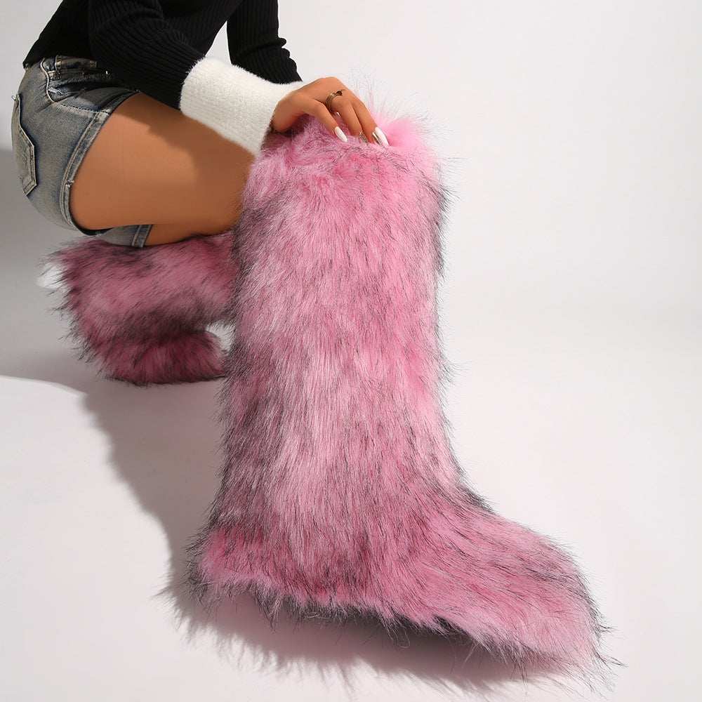 IPPEUM Mongolian Fur Boots Knee High Boots Shoes Winter Plus Size 46 Pink