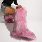 IPPEUM Mongolian Fur Boots Knee High Boots Shoes Winter Plus Size 46 Pink