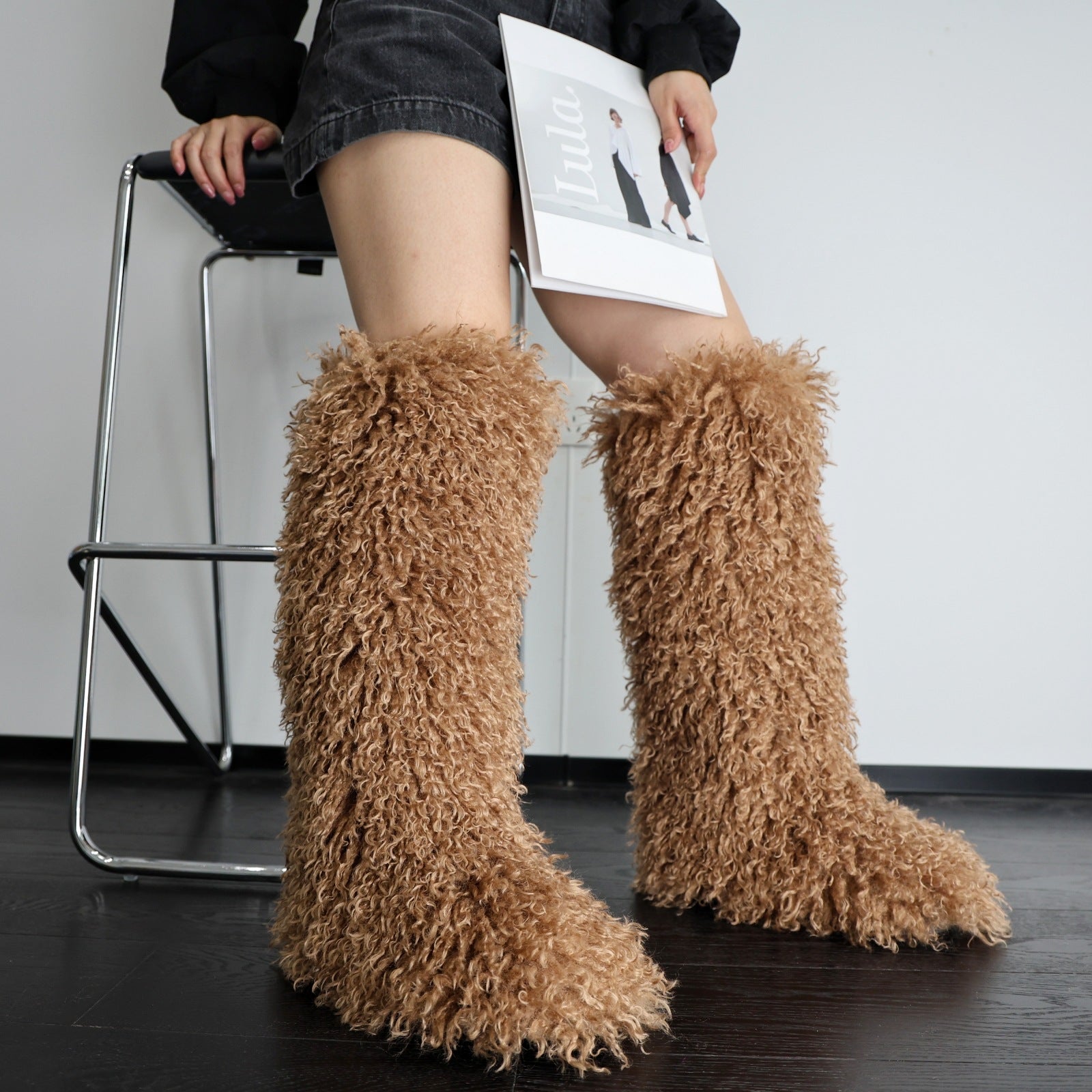 IPPEUM Brown Mongolian Fur Boots Knee High Boots Shoes Winter Plus Size 45 Fuzzy Boots