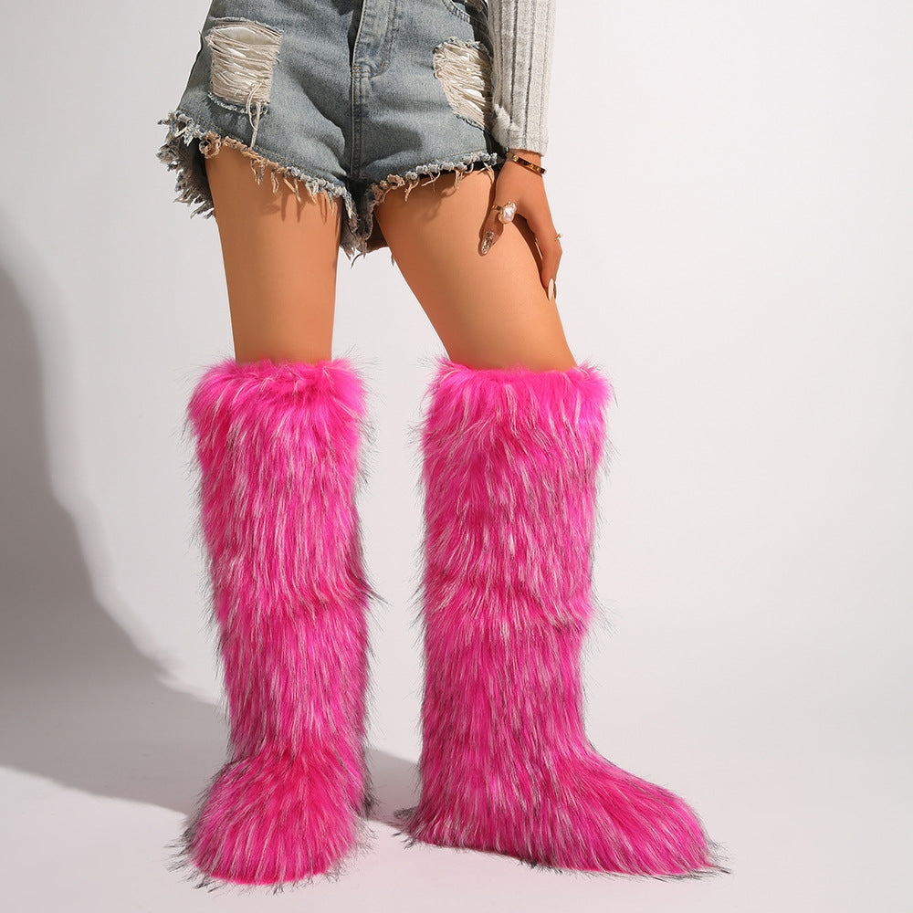 IPPEUM Mongolian Fur Boots Knee High Boots Shoes Winter Plus Size 46 Rosered