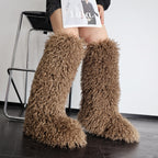 IPPEUM Brown Mongolian Fur Boots Knee High Boots Shoes Winter Plus Size 45