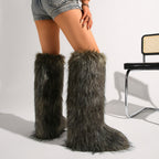 IPPEUM Mongolian Fur Boots Knee High Boots Shoes Winter Plus Size 46 Army Green