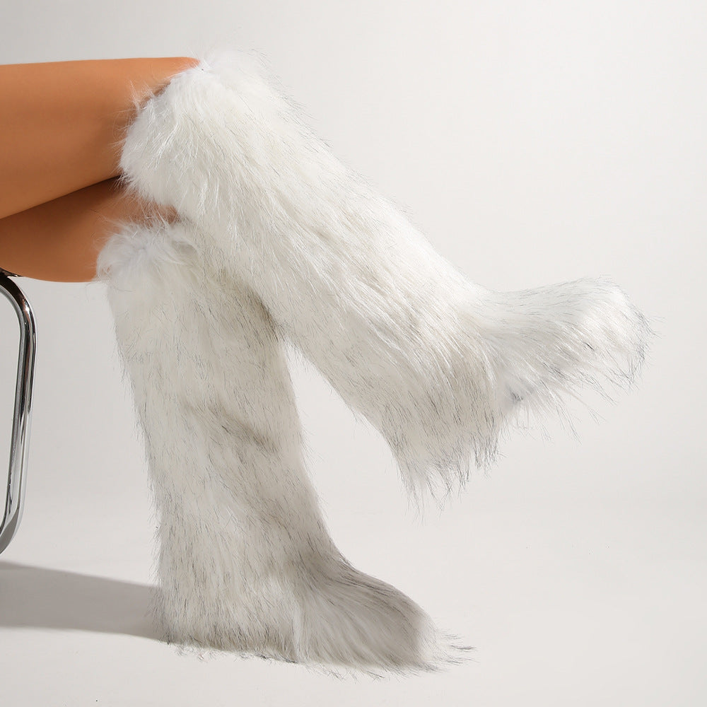 IPPEUM Mongolian Fur Boots Knee High Boots Shoes Winter Plus Size 46 White