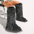 IPPEUM Mongolian Fur Boots Knee High Boots Shoes Winter Plus Size 46 Fuzzy Boots DeepGrey