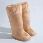 IPPEUM Khaki Mongolian Fur Boots Knee High Boots Shoes Winter Plus Size 46