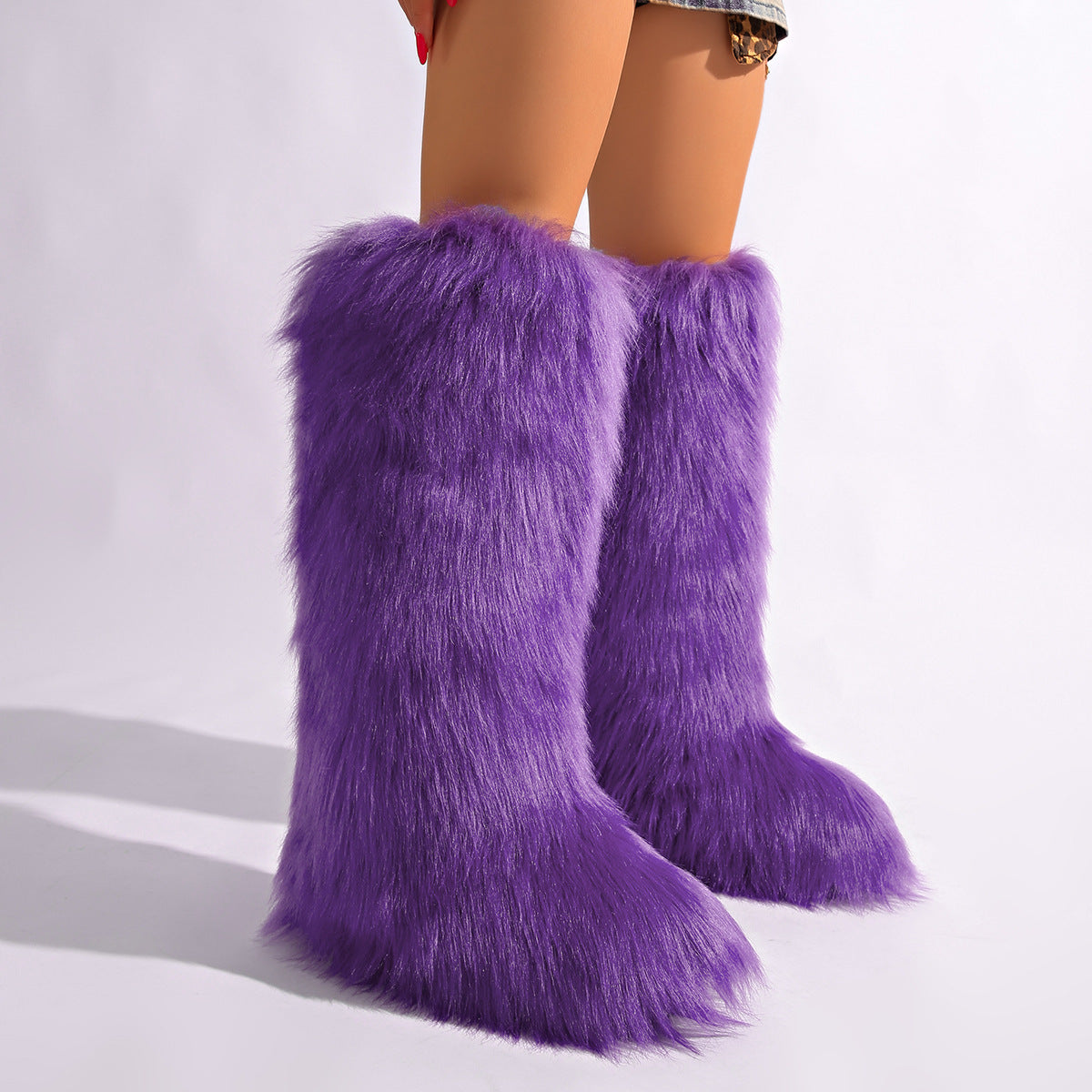 IPPEUM Purple Mongolian Fur Boots Knee High Boots Shoes Winter Plus Size 46