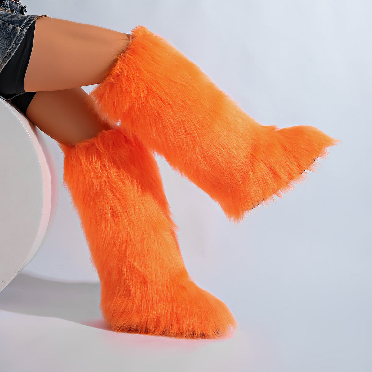 IPPEUM Orange Mongolian Fur Boots Knee High Boots Shoes Winter Plus Size 46