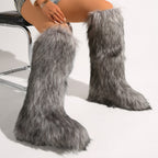 IPPEUM Mongolian Fur Boots Knee High Boots Shoes Winter Plus Size 46 Fuzzy Boots Grey