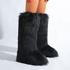 IPPEUM Black Knee High Fur Boots Shoes Winter Plus Size 46