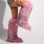 IPPEUM Mongolian Fur Boots Knee High Boots Shoes Winter Plus Size 46 Pink