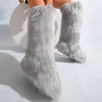 IPPEUM Grey Mongolian Fur Boots Knee High Boots Shoes Winter Plus Size 46
