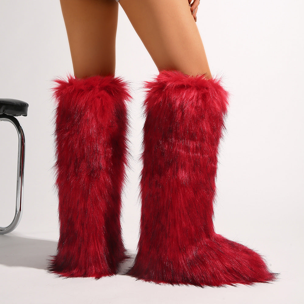 IPPEUM Mongolian Fur Boots Knee High Boots Shoes Winter Plus Size 46 Red