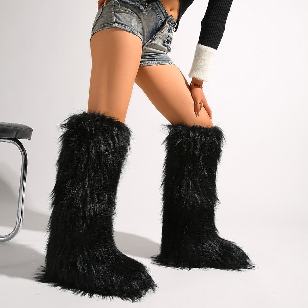 IPPEUM Mongolian Fur Boots Knee High Boots Shoes Winter Plus Size 46 Black