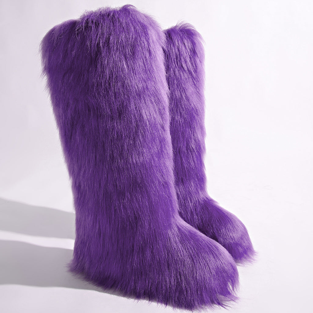 IPPEUM Purple Mongolian Fur Boots Knee High Boots Shoes Winter Plus Size 46