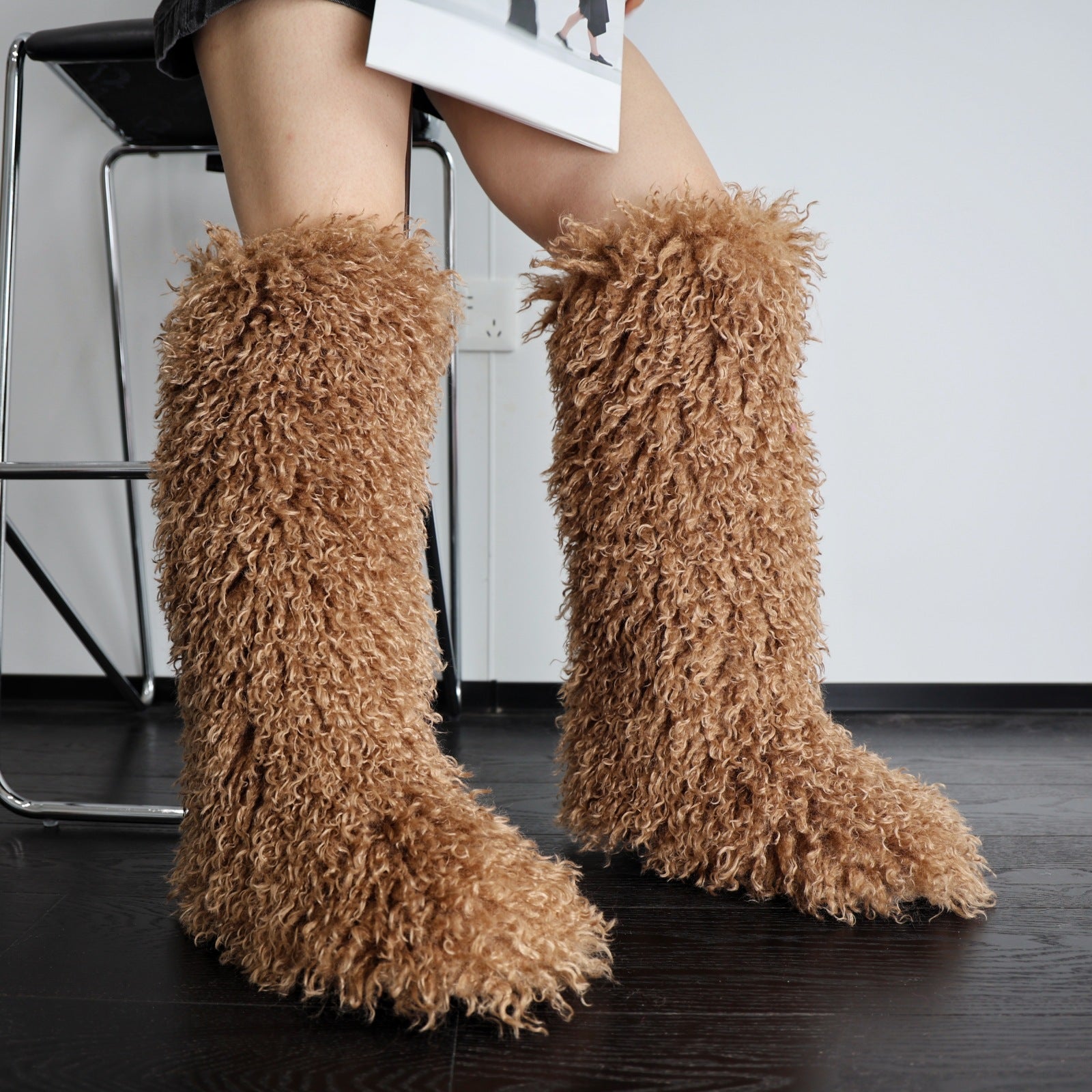 IPPEUM Brown Mongolian Fur Boots Knee High Boots Shoes Winter Plus Size 45 Fuzzy Boots