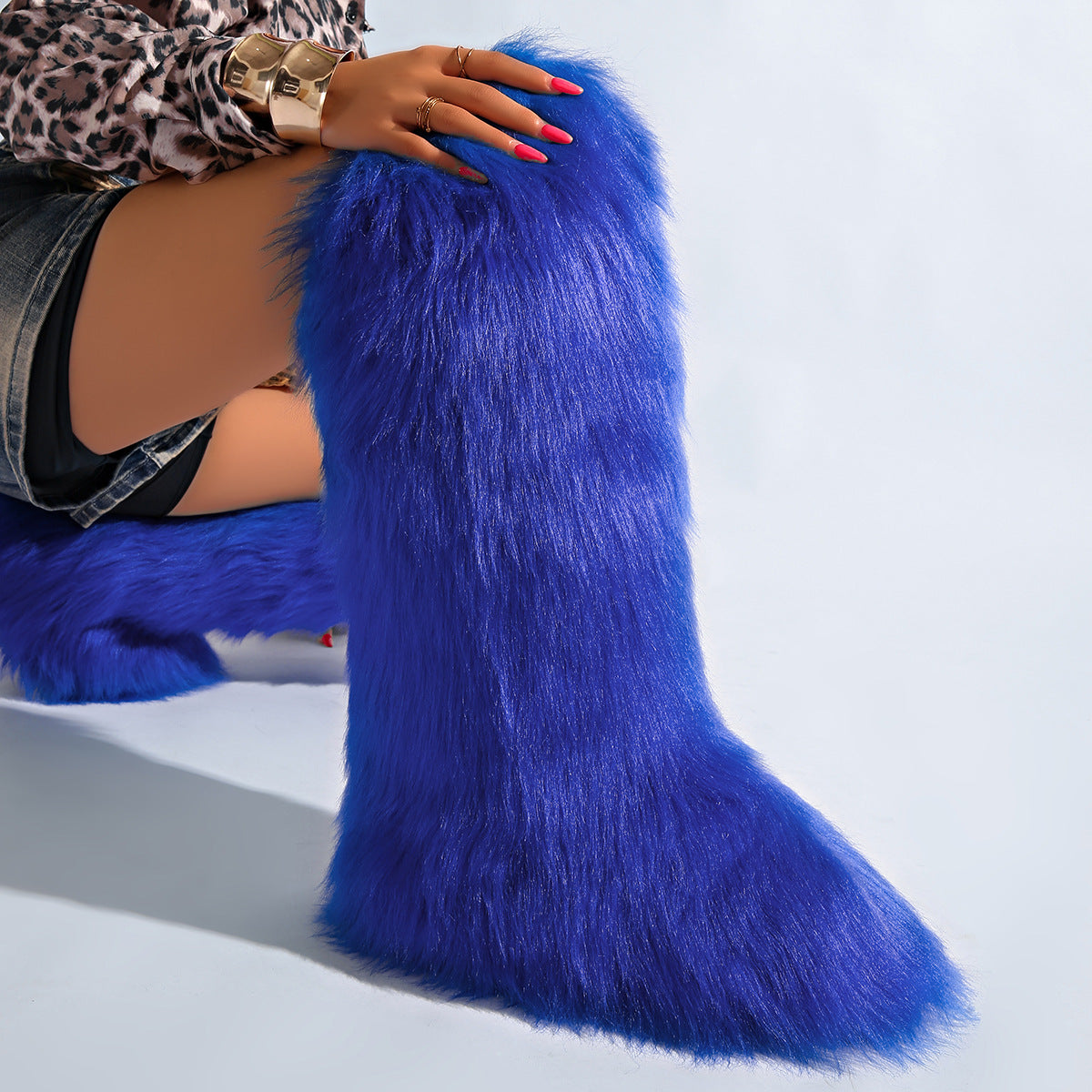 IPPEUM Blue Mongolian Fur Boots Knee High Boots Shoes Winter Plus Size 46
