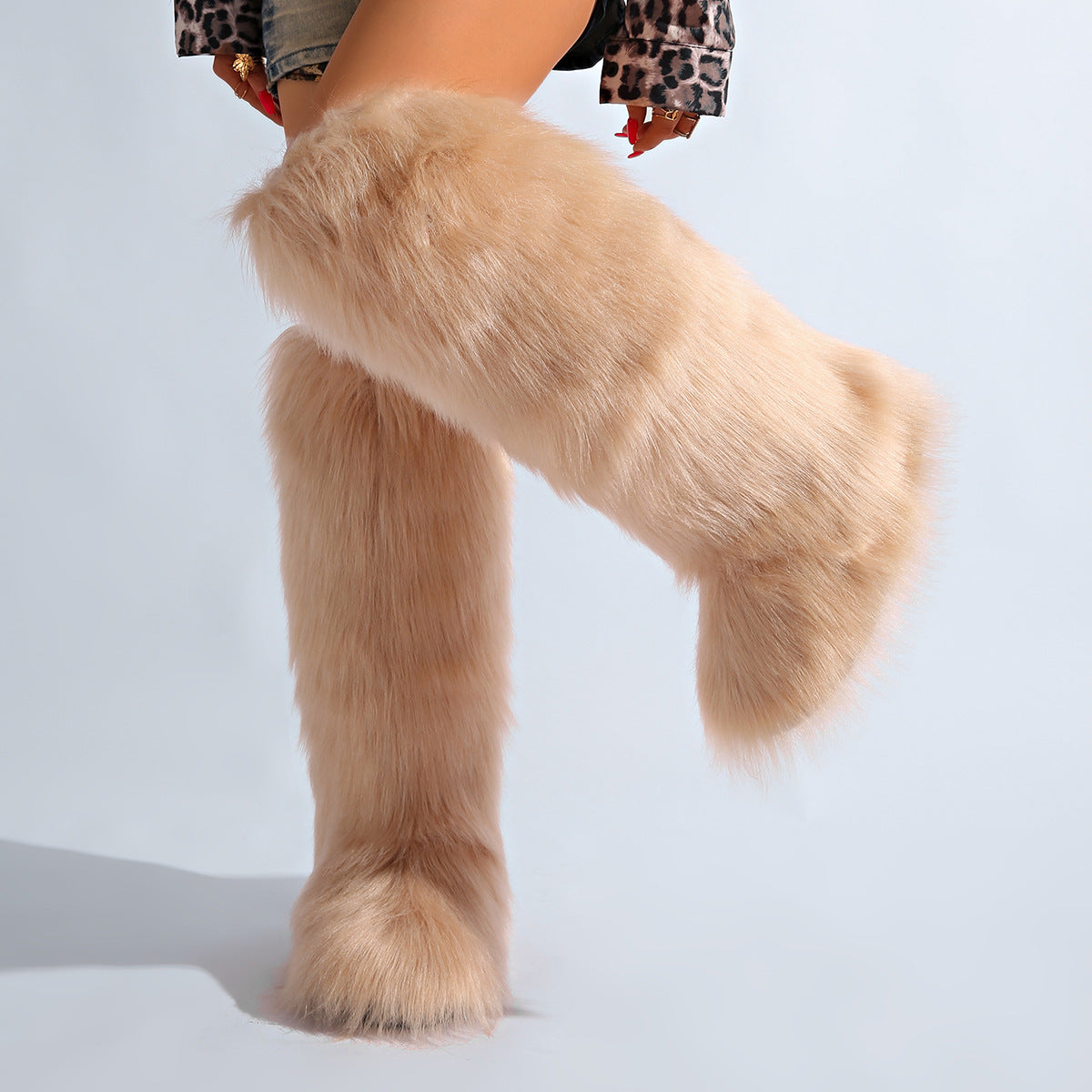 IPPEUM Khaki Mongolian Fur Boots Knee High Boots Shoes Winter Plus Size 46