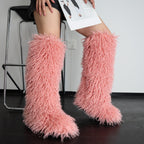 IPPEUM LightPink Mongolian Fur Boots Knee High Boots Shoes Winter Plus Size 45 Fuzzy Boots