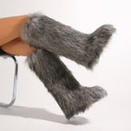 IPPEUM Mongolian Fur Boots Knee High Boots Shoes Winter Plus Size 46 Fuzzy Boots Grey