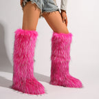 IPPEUM Mongolian Fur Boots Knee High Boots Shoes Winter Plus Size 46 Rosered