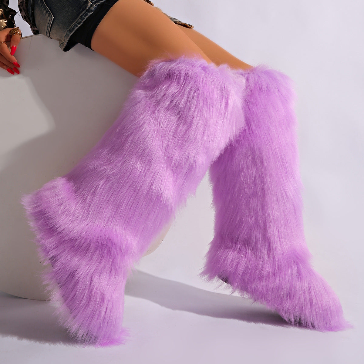 IPPEUM Purple Mongolian Fur Boots Knee High Boots Shoes Winter Plus Size 46
