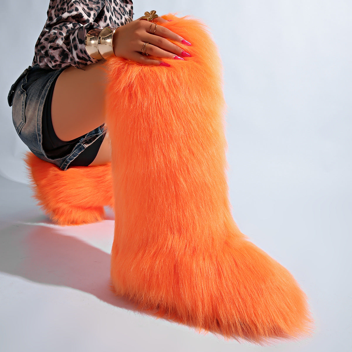 IPPEUM Orange Mongolian Fur Boots Knee High Boots Shoes Winter Plus Size 46