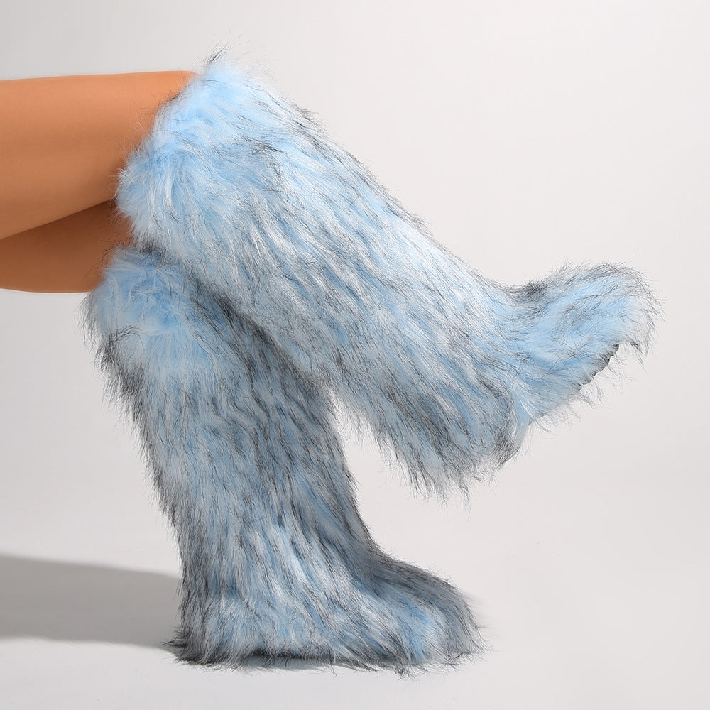 IPPEUM Mongolian Fur Boots Knee High Boots Shoes Winter Plus Size 46 Blue
