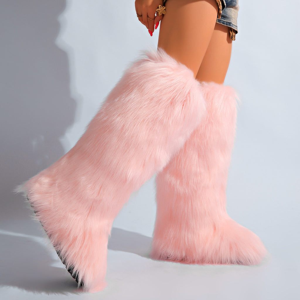IPPEUM LightPink Mongolian Fur Boots Knee High Boots Shoes Winter Plus Size 46