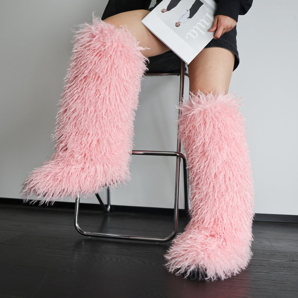 IPPEUM Pink Mongolian Fur Boots Knee High Boots Shoes Winter Plus Size 45 Fuzzy Boots