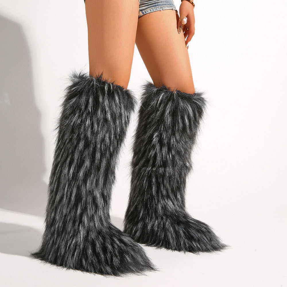 IPPEUM Mongolian Fur Boots Knee High Boots Shoes Winter Plus Size 46 Fuzzy Boots DeepGrey