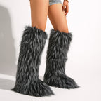 IPPEUM Mongolian Fur Boots Knee High Boots Shoes Winter Plus Size 46 Fuzzy Boots DeepGrey