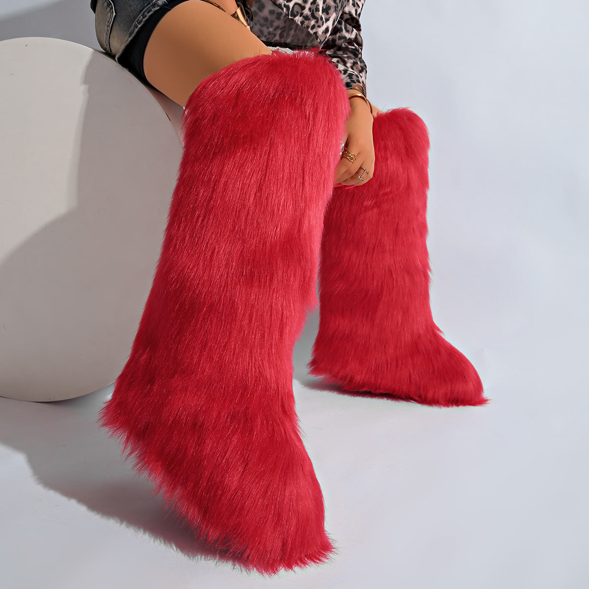 IPPEUM Red Mongolian Fur Boots Knee High Boots Shoes Winter Plus Size 46