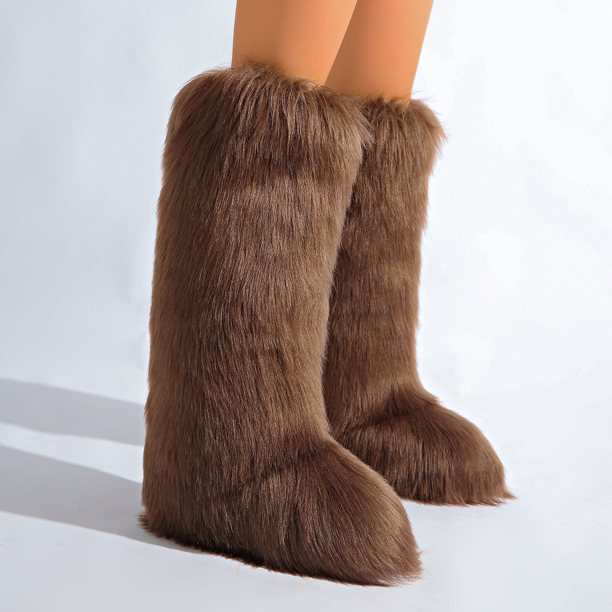 IPPEUM Brown Mongolian Fur Boots Knee High Boots Shoes Winter Plus Size 46