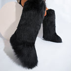 IPPEUM Black Knee High Fur Boots Shoes Winter Plus Size 46