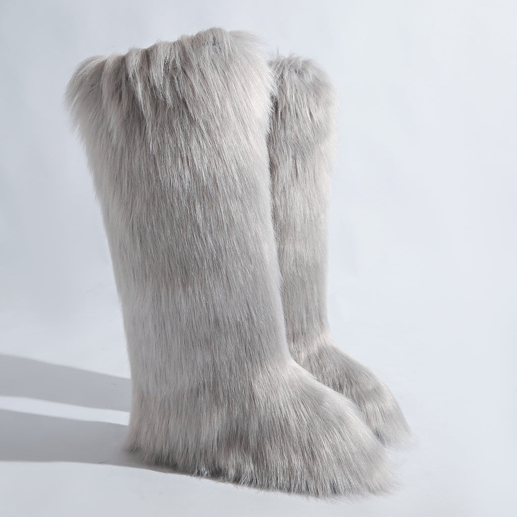 IPPEUM Grey Mongolian Fur Boots Knee High Boots Shoes Winter Plus Size 46