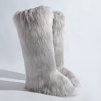 IPPEUM Grey Mongolian Fur Boots Knee High Boots Shoes Winter Plus Size 46