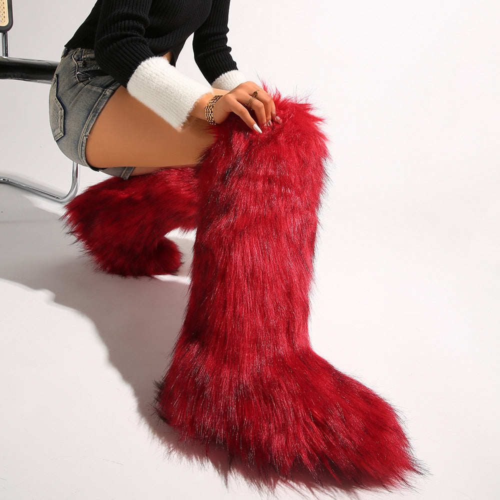 IPPEUM Mongolian Fur Boots Knee High Boots Shoes Winter Plus Size 46 Red