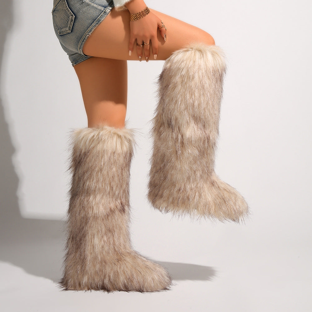 IPPEUM Mongolian Fur Boots Knee High Boots Shoes Winter Plus Size 46 Khaki