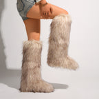 IPPEUM Mongolian Fur Boots Knee High Boots Shoes Winter Plus Size 46 Khaki