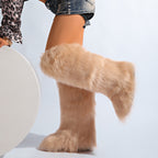 IPPEUM Khaki Mongolian Fur Boots Knee High Boots Shoes Winter Plus Size 46