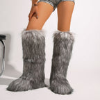 IPPEUM Mongolian Fur Boots Knee High Boots Shoes Winter Plus Size 46 Fuzzy Boots Grey