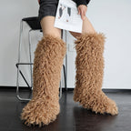 IPPEUM Brown Mongolian Fur Boots Knee High Boots Shoes Winter Plus Size 45 Fuzzy Boots