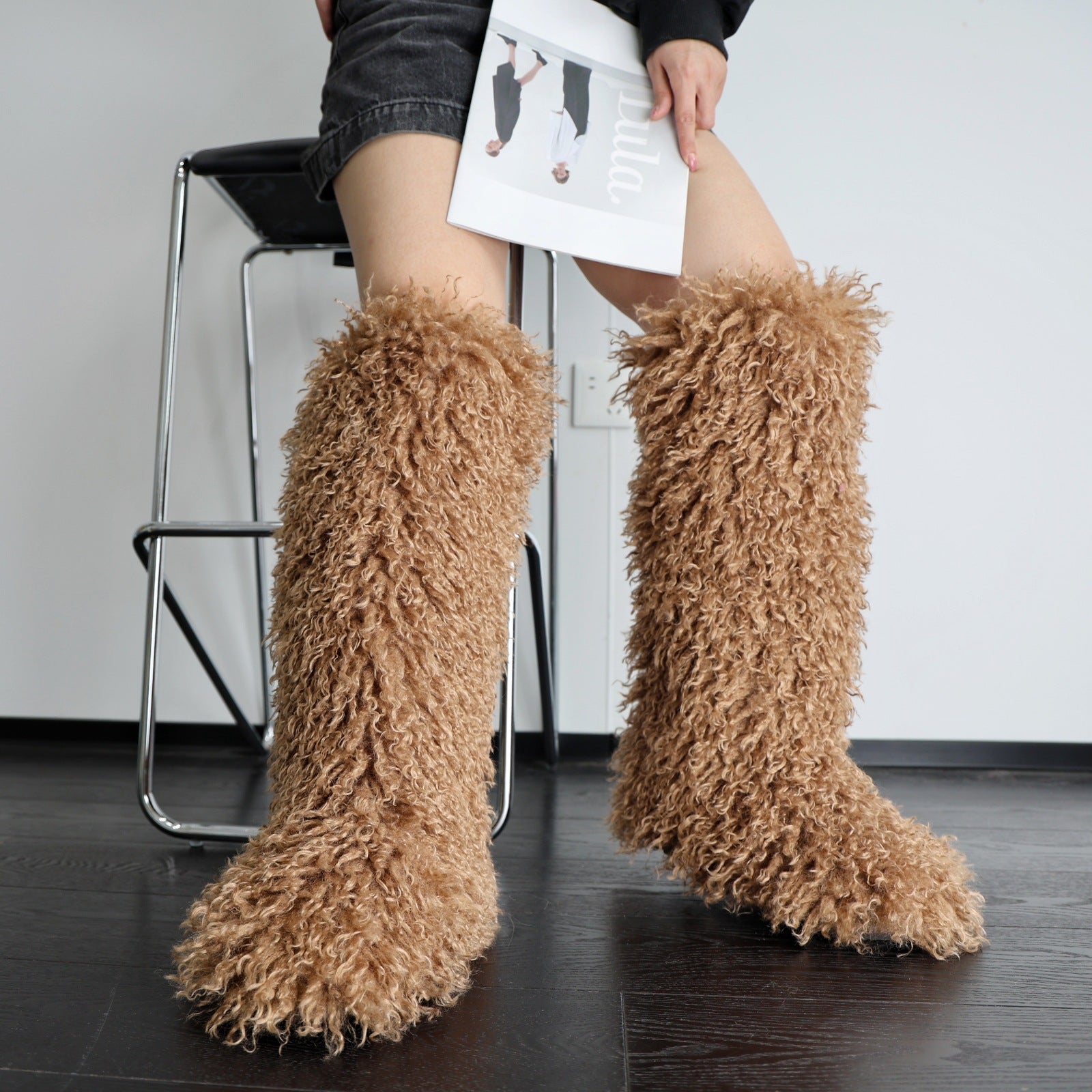 IPPEUM Brown Mongolian Fur Boots Knee High Boots Shoes Winter Plus Size 45 Fuzzy Boots