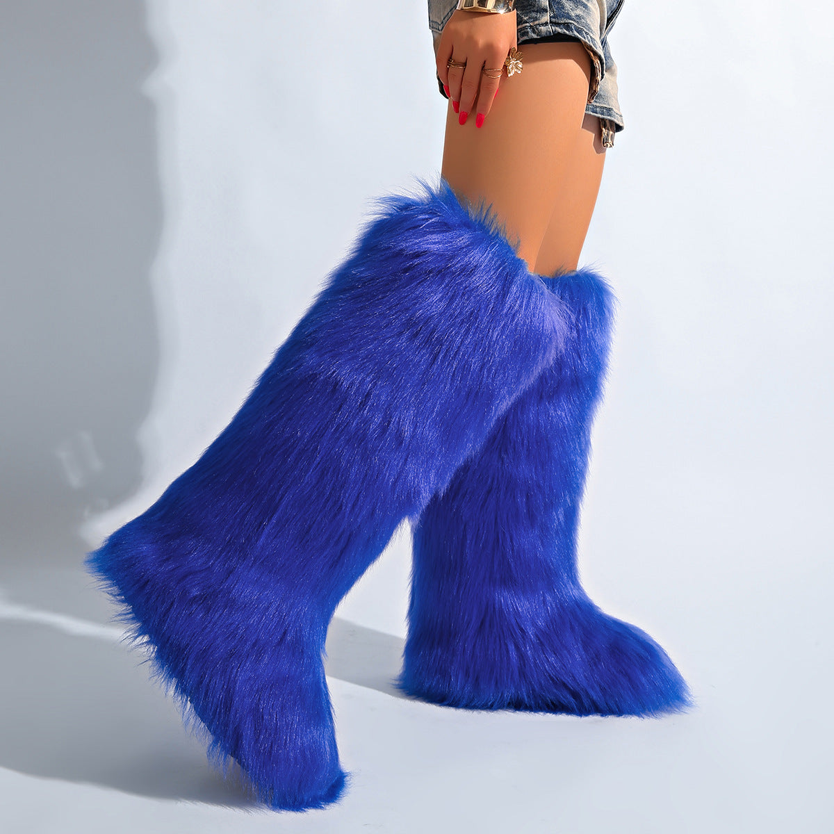 IPPEUM Blue Mongolian Fur Boots Knee High Boots Shoes Winter Plus Size 46