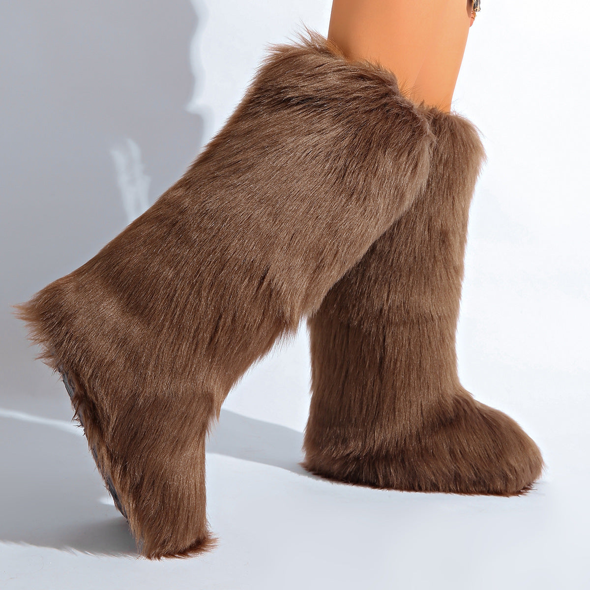 IPPEUM Brown Mongolian Fur Boots Knee High Boots Shoes Winter Plus Size 46