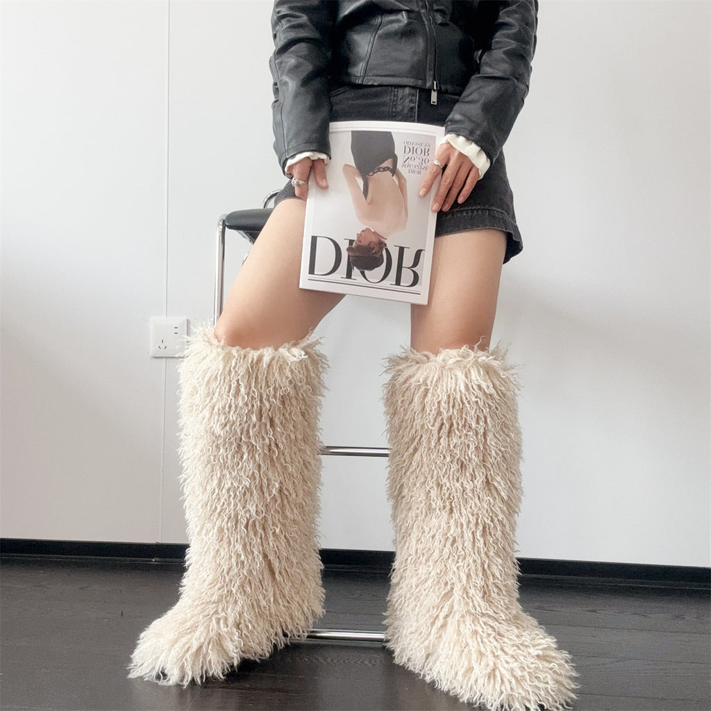 IPPEUM Nude Mongolian Fur Boots Knee High Boots Shoes Winter Plus Size 45 Fuzzy Boots