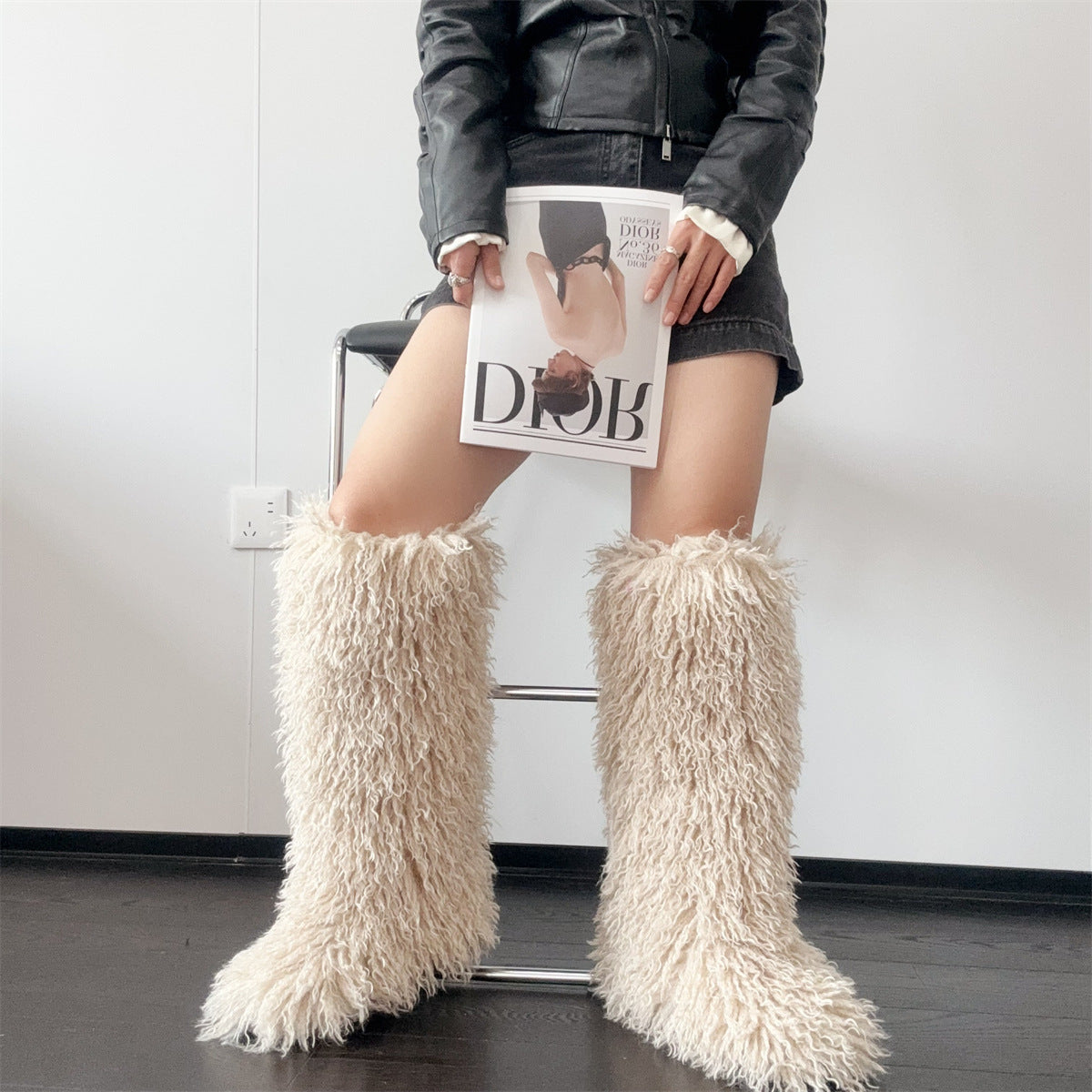 IPPEUM Nude Mongolian Fur Boots Knee High Boots Shoes Winter Plus Size 45 Fuzzy Boots