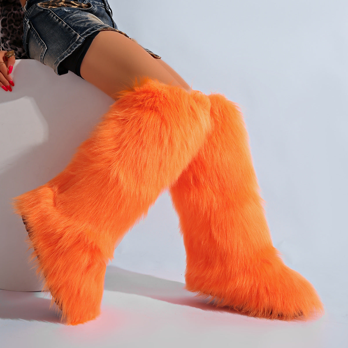 IPPEUM Orange Mongolian Fur Boots Knee High Boots Shoes Winter Plus Size 46
