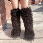 IPPEUM Black Mongolian Fur Boots Knee High Boots Shoes Winter Plus Size 45 Fuzzy Boots